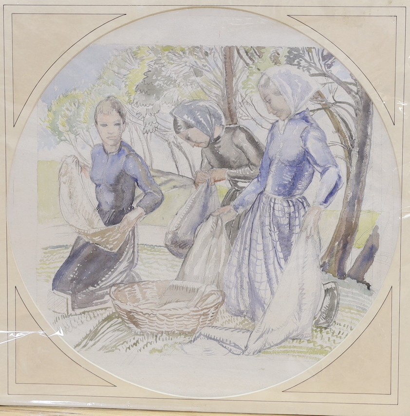 Averil Burleigh (1883-1949), watercolour, Study for Washerwomen, tondo, 47cm unframed